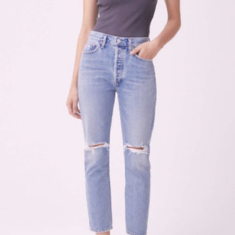 Agolde Riley Revolve High Rise Button Fly Straight Distressed Crop Denim Jeans - Picture 2 of 16